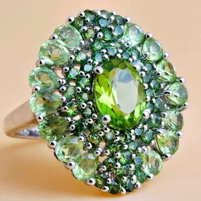 Peridot & Chrome Diopside Sterling Silver Cluster Ring 