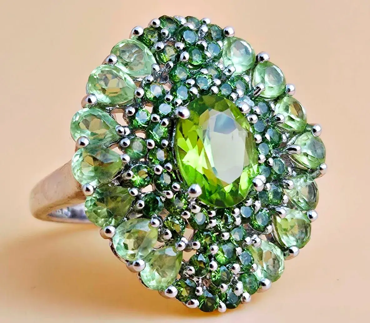 Peridot & Chrome Diopside Sterling Silver Cluster Ring 