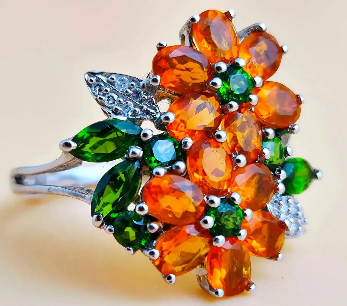 Orange Opal, Chrome Diopside,  & Diamond Accent Sterling Silver Floral Ring