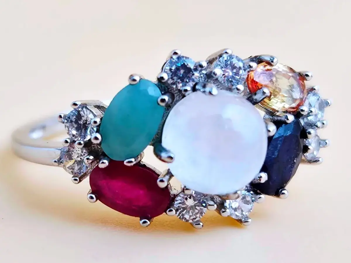 Moonstone, Ruby, Sapphire, Emerald Sterling Silver Ring 
