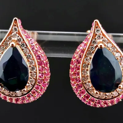 Black Opal & Pink Sapphire Rose Gold Sterling Silver Earrings 