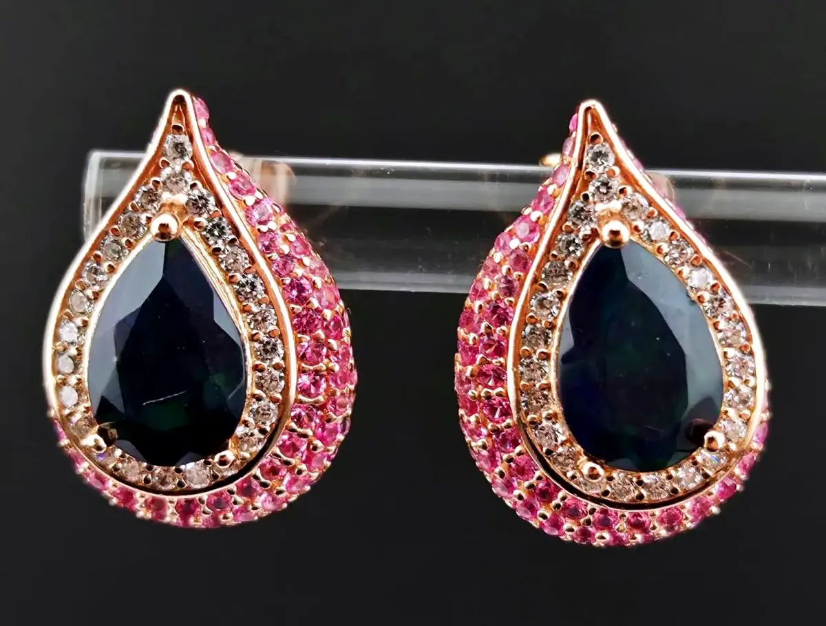Black Opal & Pink Sapphire Rose Gold Sterling Silver Earrings 