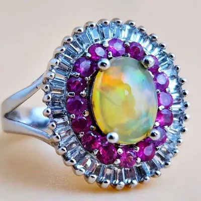 Ethiopian Opal & Pink Sapphire Sterling Silver Halo Ring