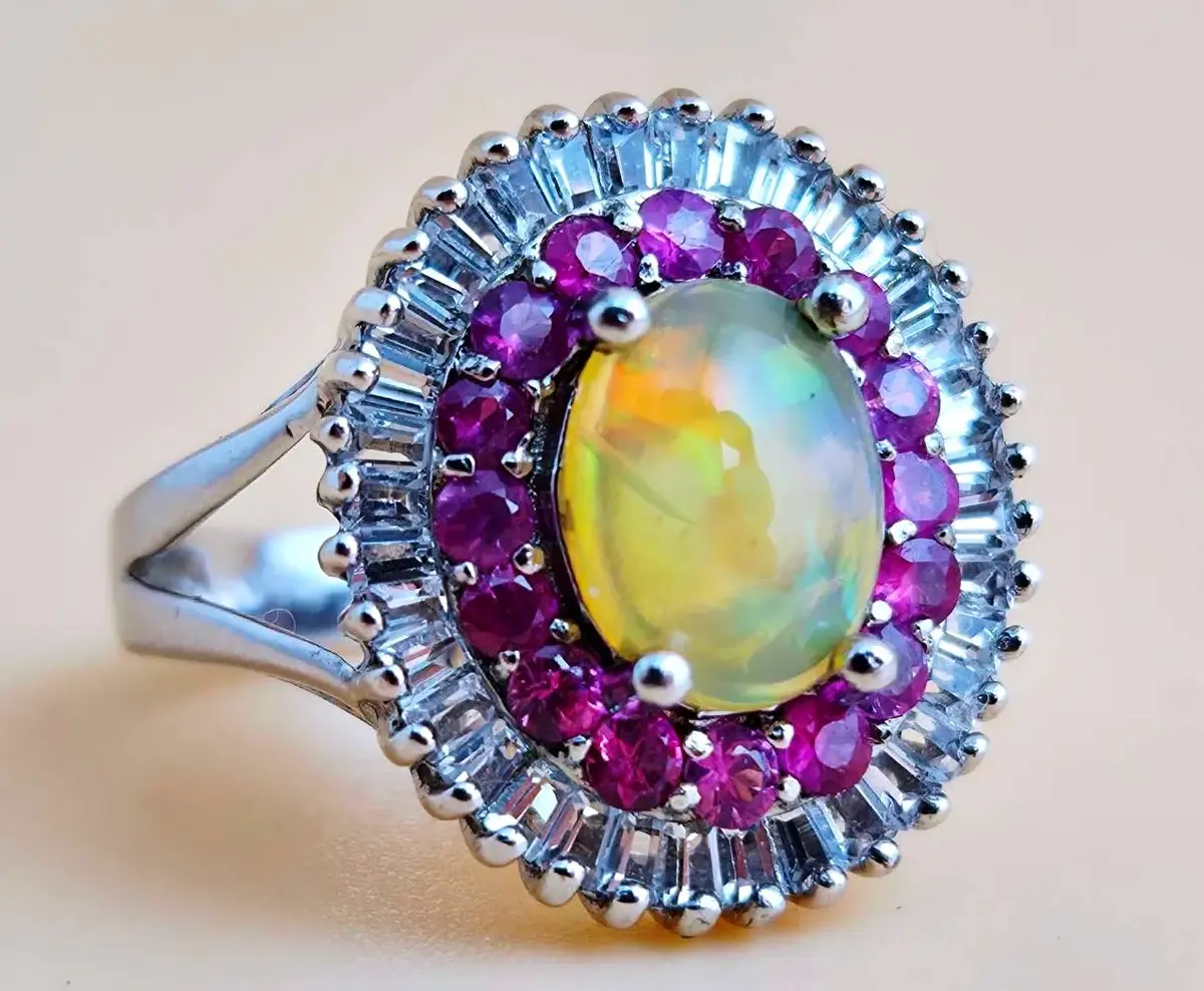 Ethiopian Opal & Pink Sapphire Sterling Silver Halo Ring