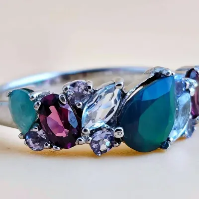 Black Opal, Emerald, Rhodolite Garnet, & Topaz Sterling Silver Ring 