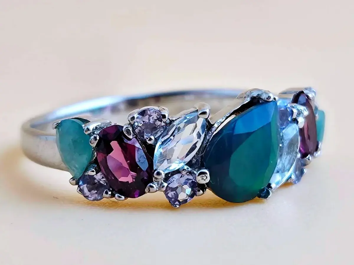Black Opal, Emerald, Rhodolite Garnet, & Topaz Sterling Silver Ring 