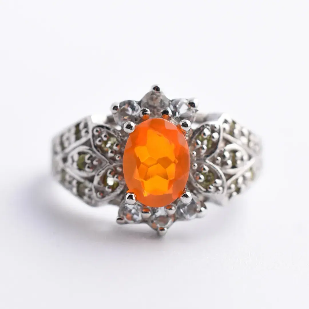 Orange Opal & Aquamarine Ornate Sterling Silver Ring