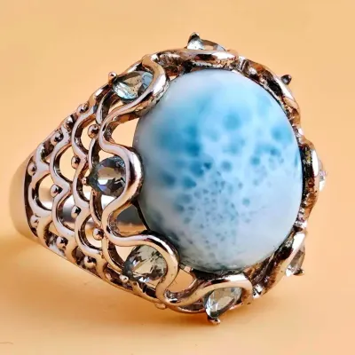 Larimar Cabochon Sterling Silver Ornate Ring 