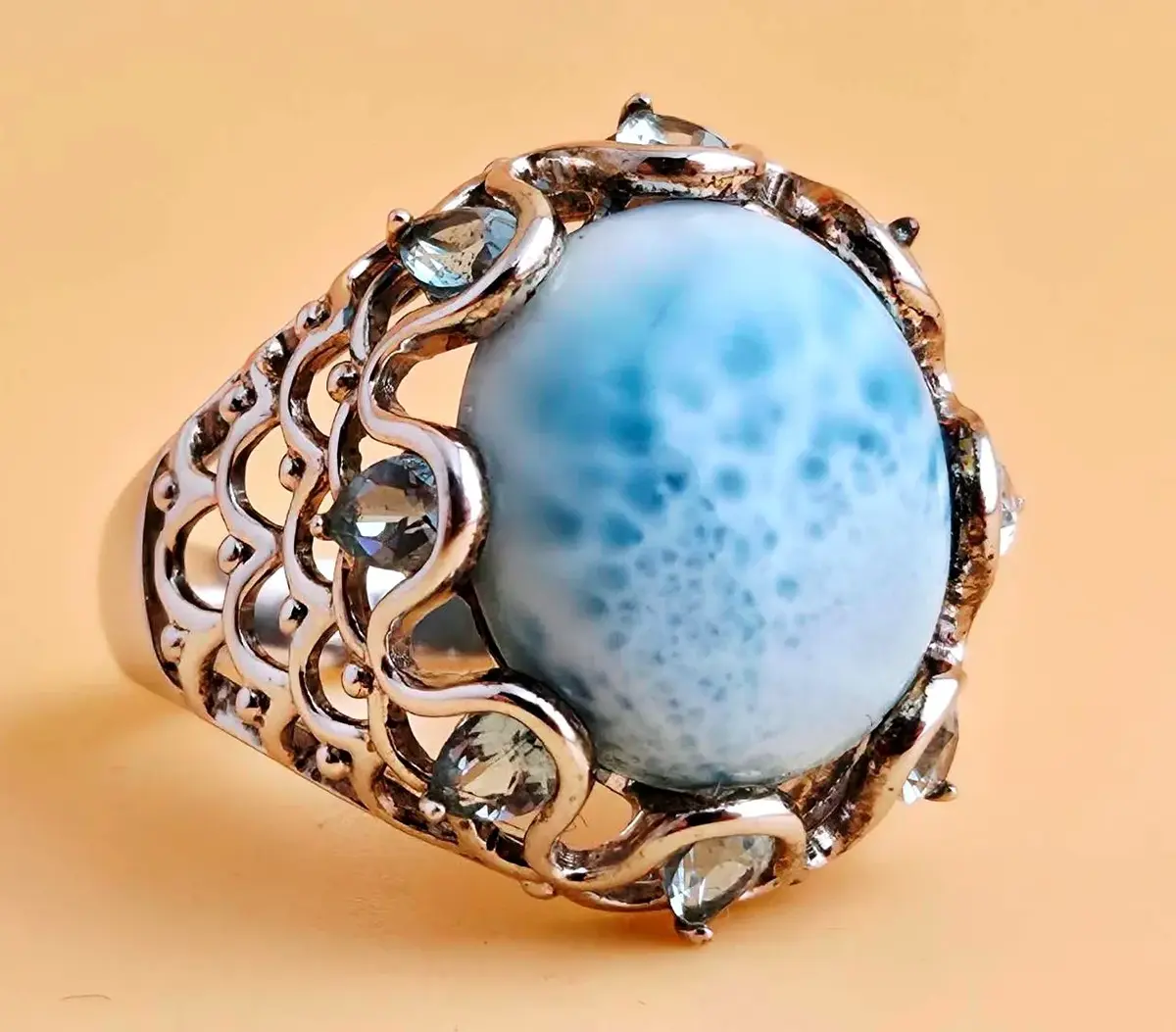 Larimar Cabochon Sterling Silver Ornate Ring 