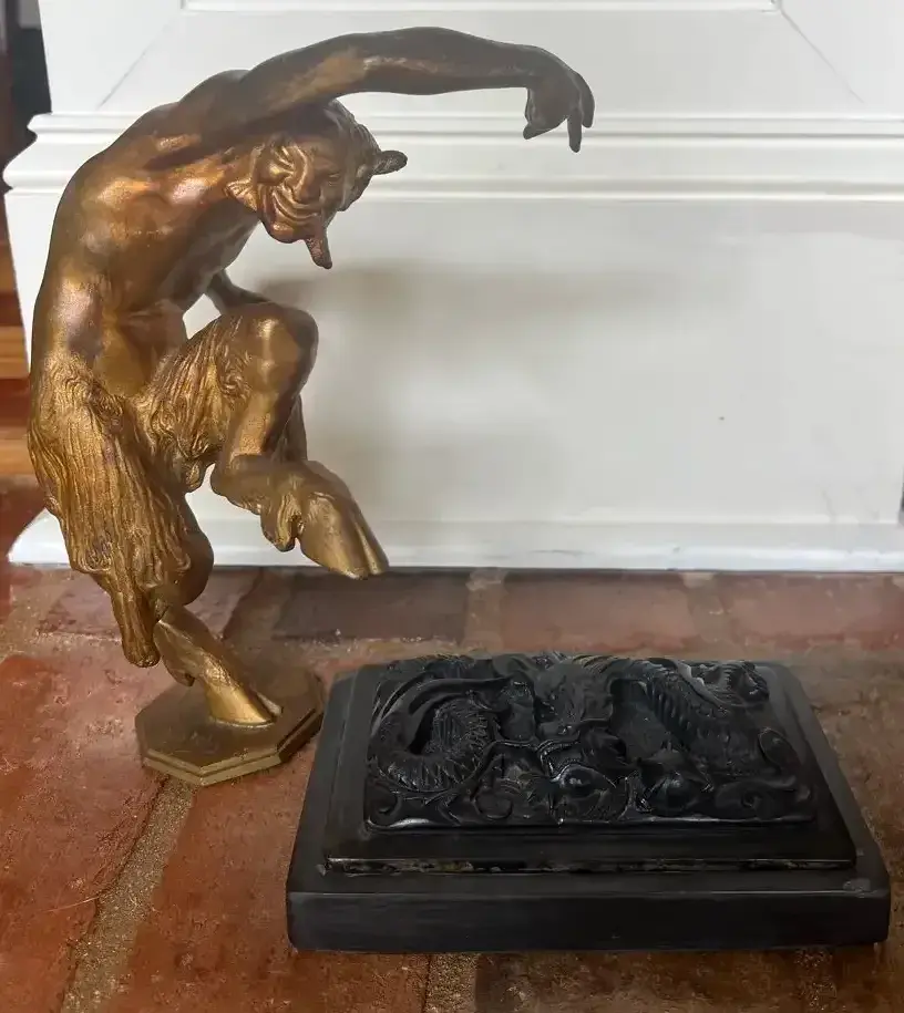 Horned Figure Sculpture & Carved Dragon Box