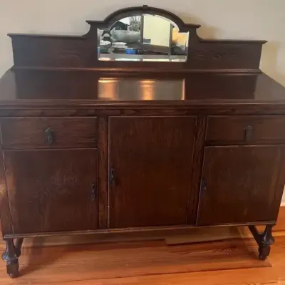 Antique Wood Sideboard With Mirror & Carved Cabinet Doors