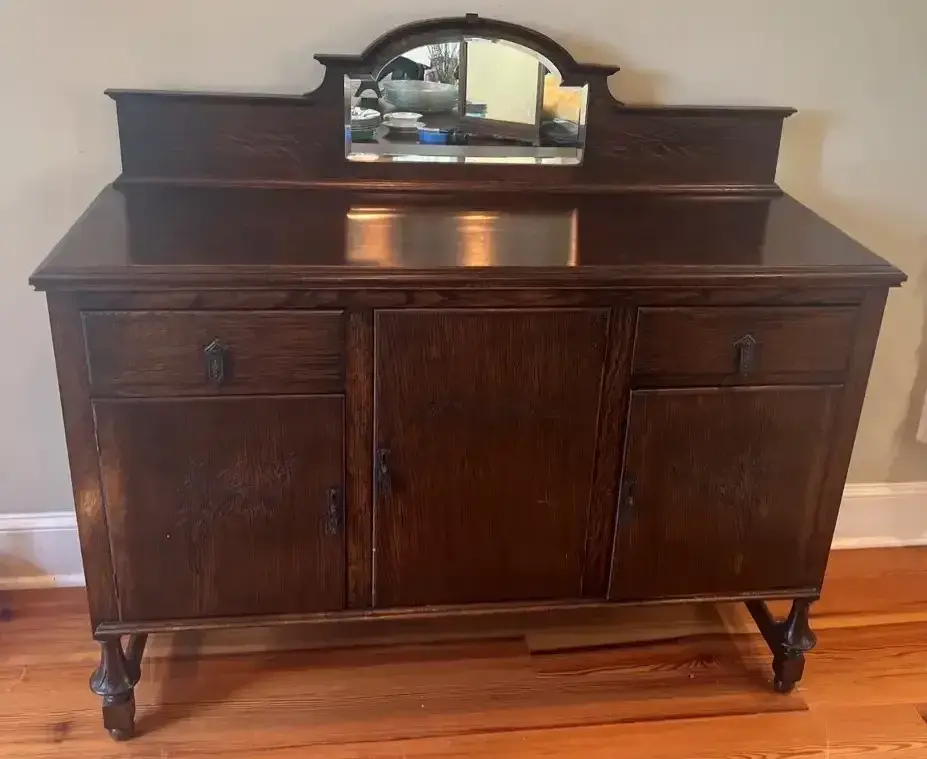Antique Wood Sideboard With Mirror & Carved Cabinet Doors