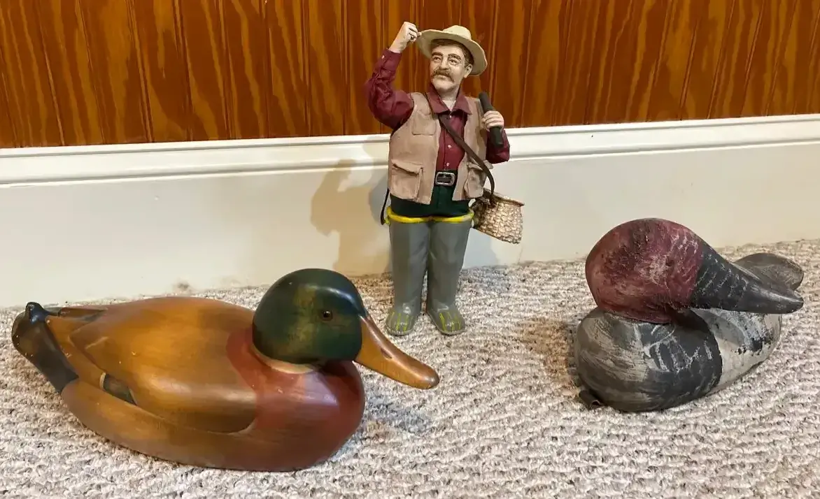 Ron Fisher Signed Duck Decoys & Fisherman Figure