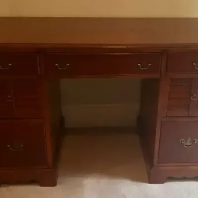 Seven-Drawer Wood Desk With Shutter-Style Accents