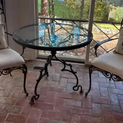 Wrought Iron Glass Bistro Set With Needlepoint Pillows