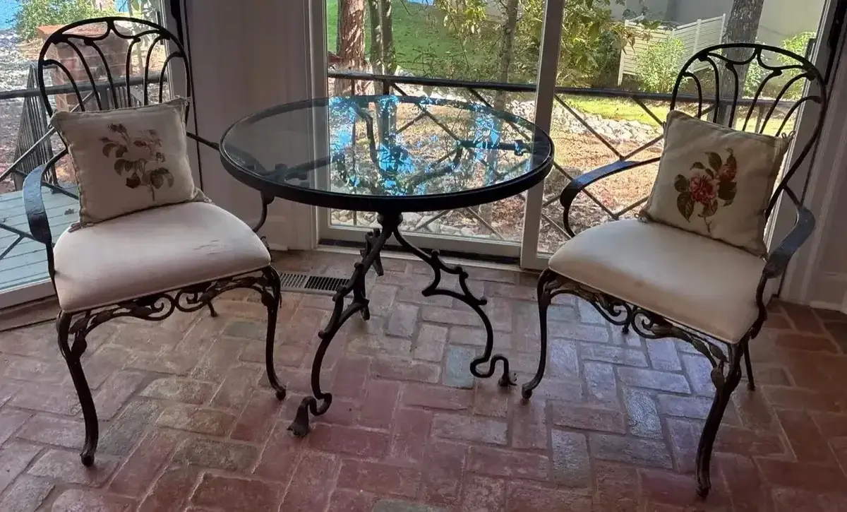 Wrought Iron Glass Bistro Set With Needlepoint Pillows
