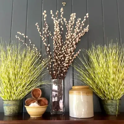 Faux Plants, Pussy Willow & Stoneware Decor
