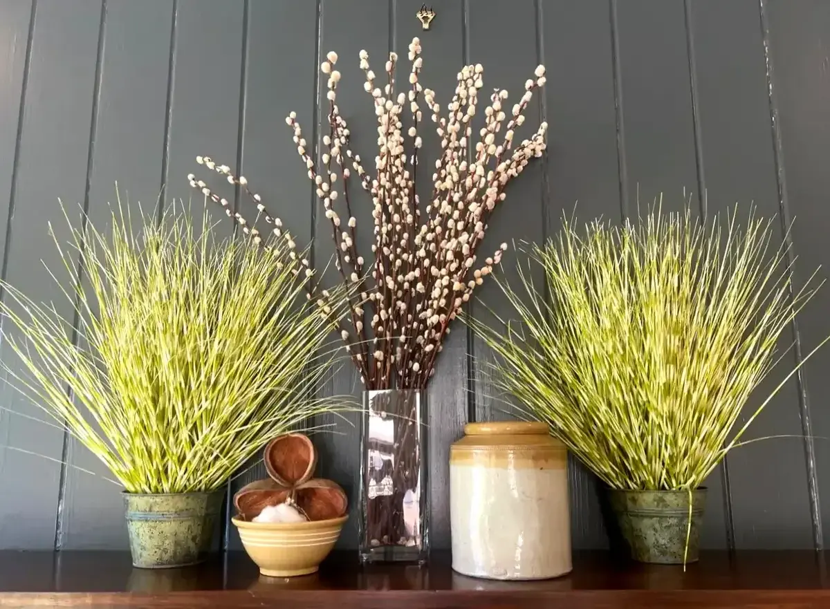 Faux Plants, Pussy Willow & Stoneware Decor
