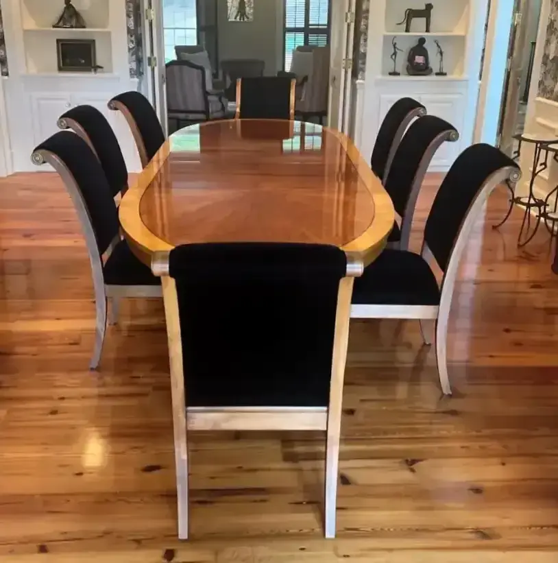 Henredon Dining Table With 8 Black Velvet Chairs