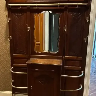 Antique Wood Hall Tree With Beveled Mirror & Umbrella Stands