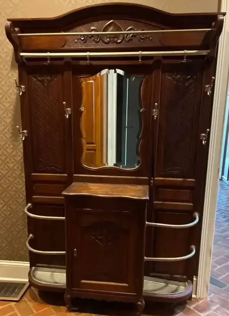 Antique Wood Hall Tree With Beveled Mirror & Umbrella Stands