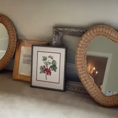 Wicker Heart Mirrors, Pottery Barn Frame & Botanical Art