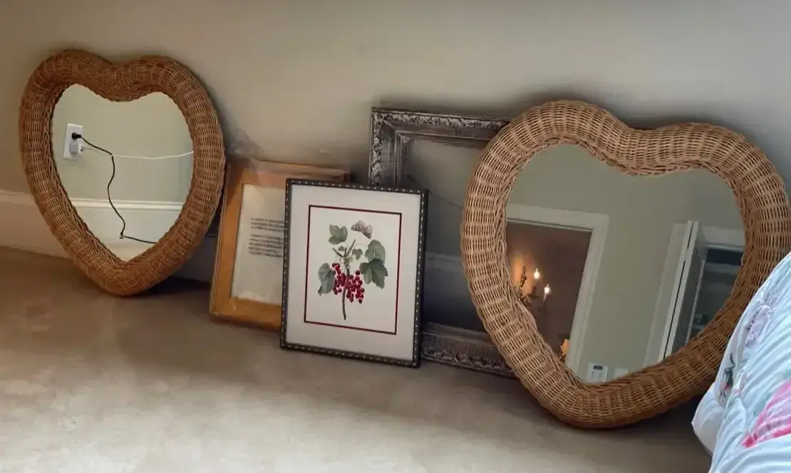 Wicker Heart Mirrors, Pottery Barn Frame & Botanical Art