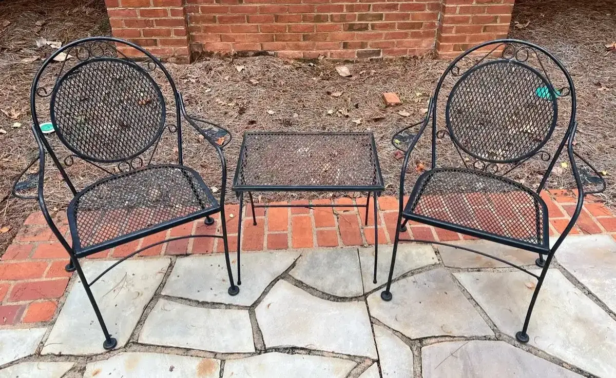 Wrought Iron Patio Accent Table & Two Armchairs