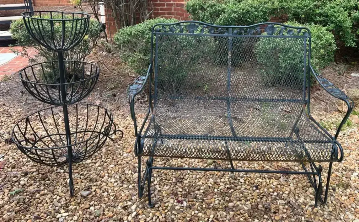 Wrought Iron Rocking Bench & 3-Tier Planter Stand