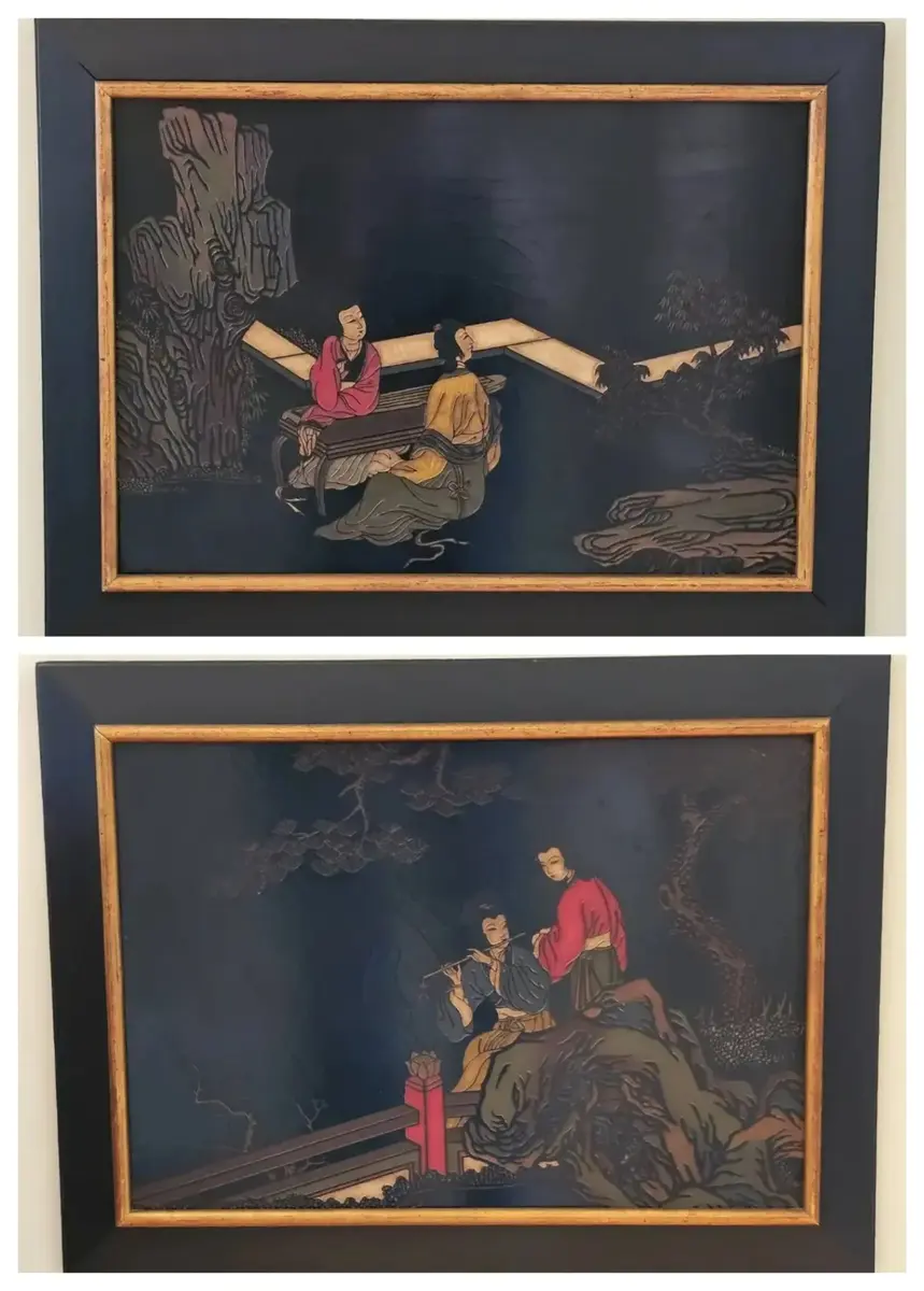 Chinoiserie Lacquer Relief Figural Panels
