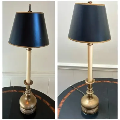 Pair of Vintage Brass-Tone Table Lamps with Black & Gold Shades