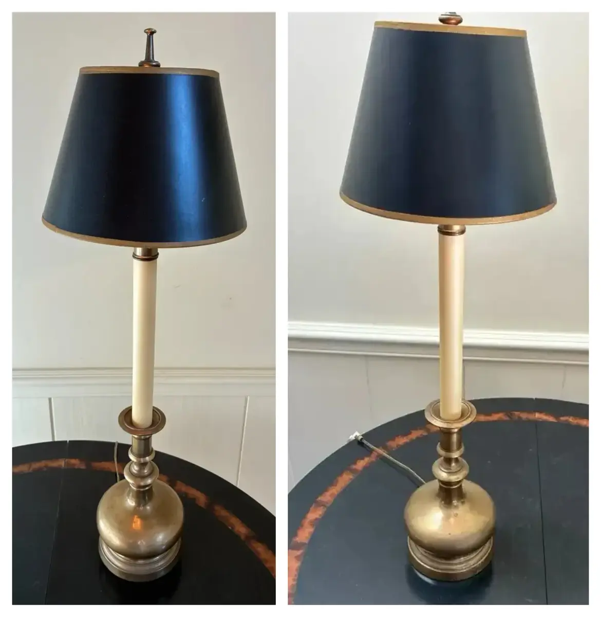Pair of Vintage Brass-Tone Table Lamps with Black & Gold Shades