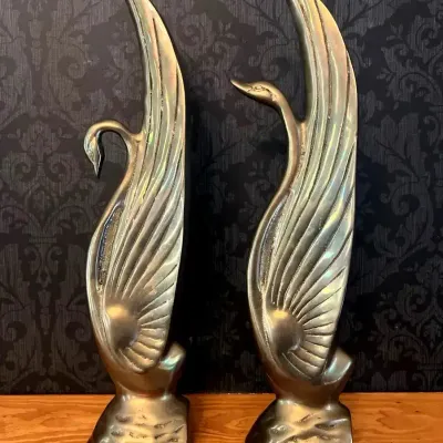 MCM Brass Swan & Crane Bookend Sculptures