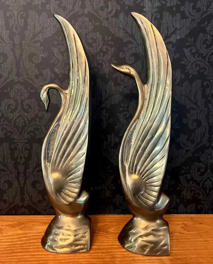 MCM Brass Swan & Crane Bookend Sculptures