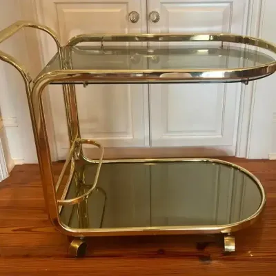 Gold-Tone Two-Tier Bar Cart With Glass & Mirrored Shelves