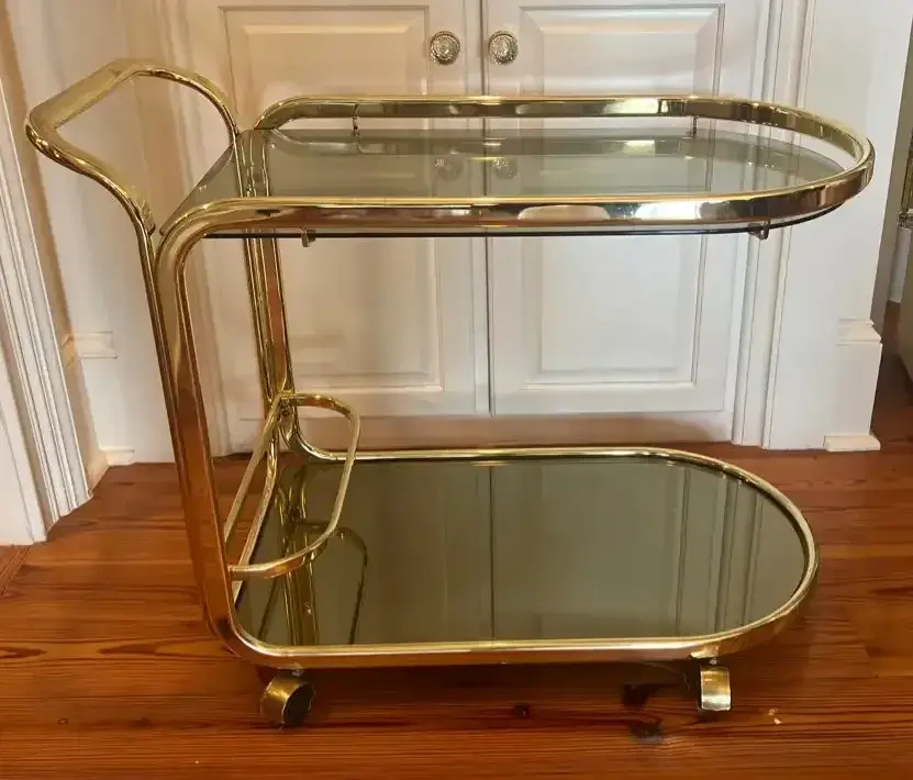 Gold-Tone Two-Tier Bar Cart With Glass & Mirrored Shelves