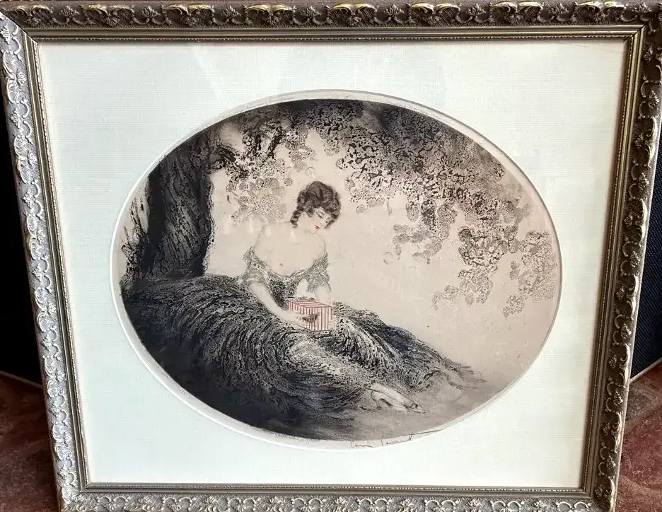 Louis Icart “Little Prisoner” / “Woman with Bird in Cage” Pencil-Signed Etching