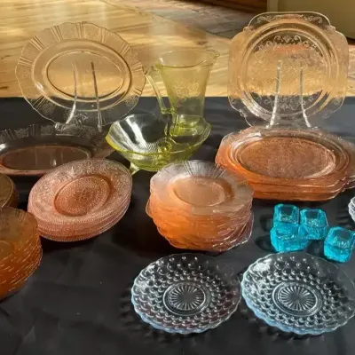 Pink Depression Glass With Yellow & Blue Glassware