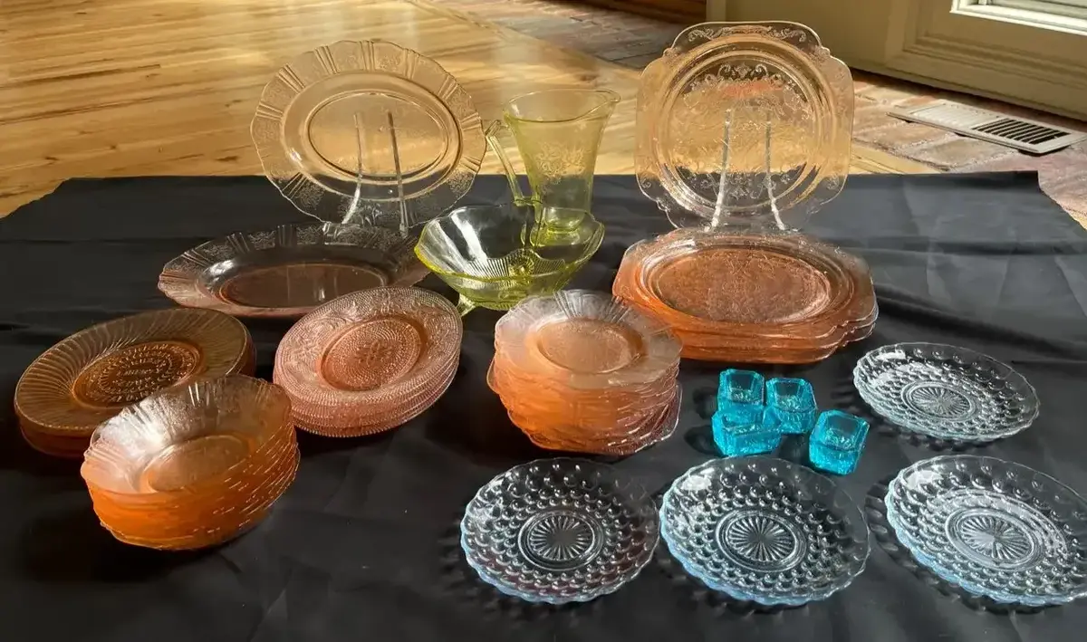 Pink Depression Glass With Yellow & Blue Glassware