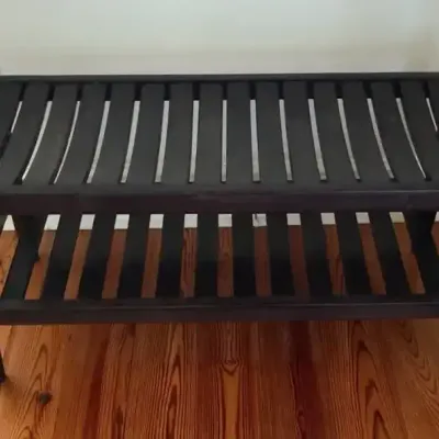 Curved Wood Slat Bench with Lower Shelf
