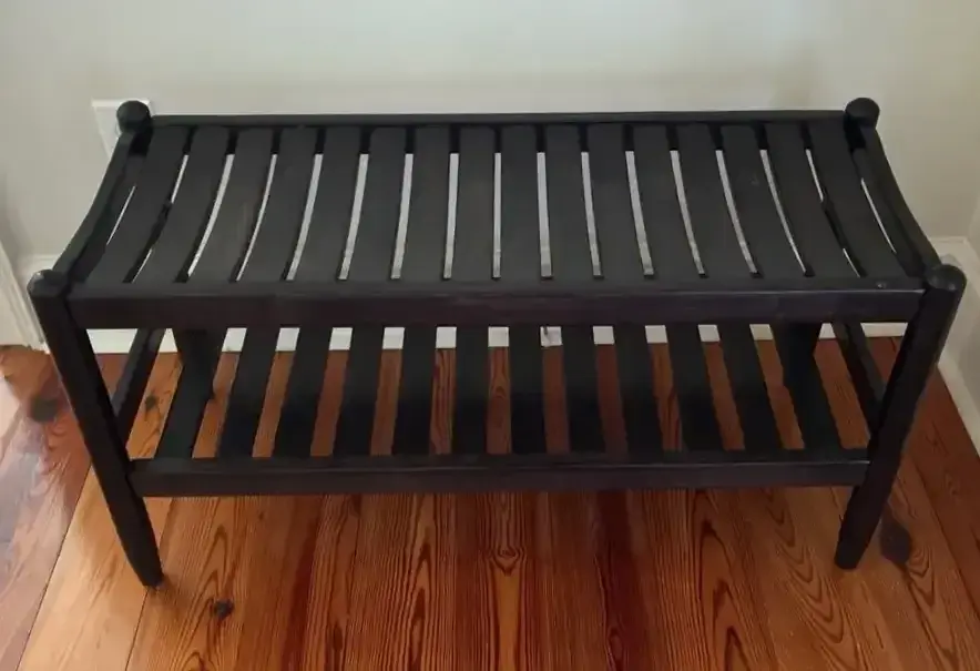 Curved Wood Slat Bench with Lower Shelf