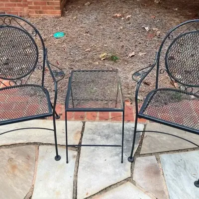 Wrought Iron Patio Table & Two Armchairs