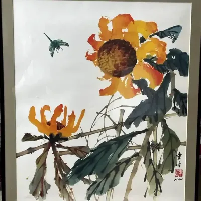 Hui Chi Mau “Sunflowers & Dragonfly” Offset Lithograph
