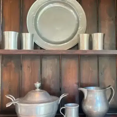 Pewter Serving Set With Tureen, Pitcher, Cups & Tray