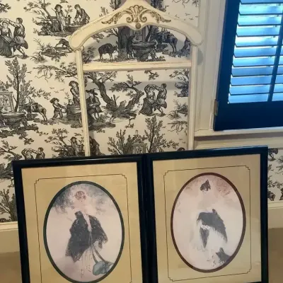 Wood Valet Stand & Pair of 1920s-Style Fashion Prints