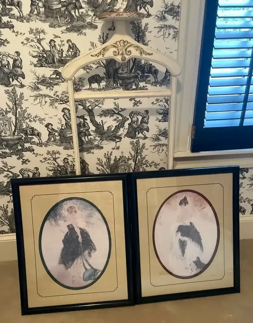 Wood Valet Stand & Pair of 1920s-Style Fashion Prints