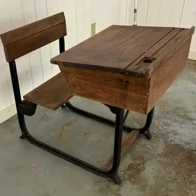 Antique Oak & Iron School Desk