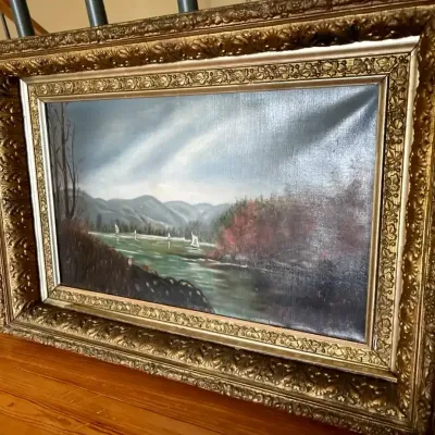 Original Sailboat Landscape Painting in Ornate Antique Frame