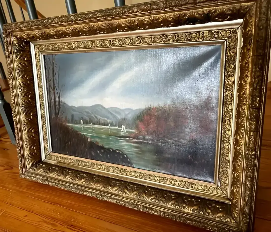 Original Sailboat Landscape Painting in Ornate Antique Frame