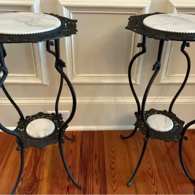 Pair of Cast Iron Plant Stands With Marble Inlay